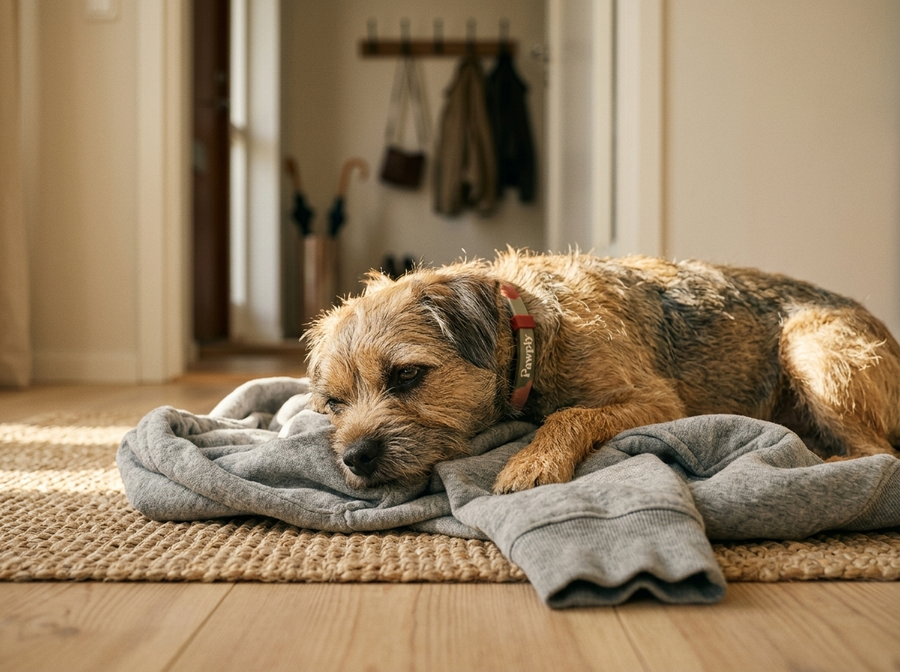 Terrier at ease on his owner's hoodie, home alone