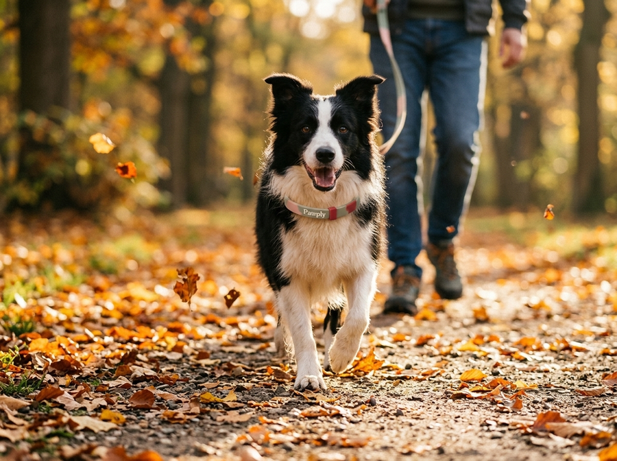 Happy border collie trotting on an autumn walk