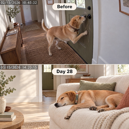 Pet cam before and after: scratching at the door, then asleep on the sofa on day 28