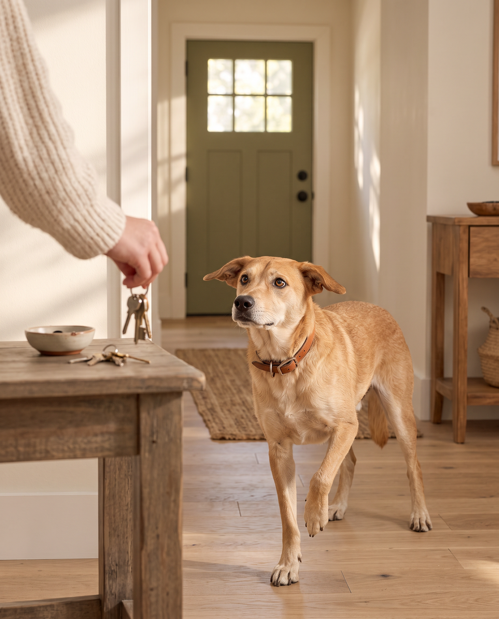 Anxious dog by the door as his owner leaves, wearing a plain collar