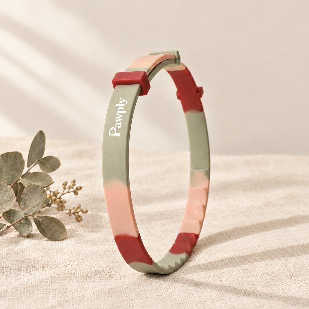 The Pawply collar in sage, blush and brick red on cream linen