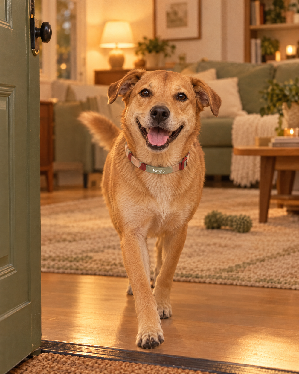A happy dog greeting its owner at the door, the living room intact