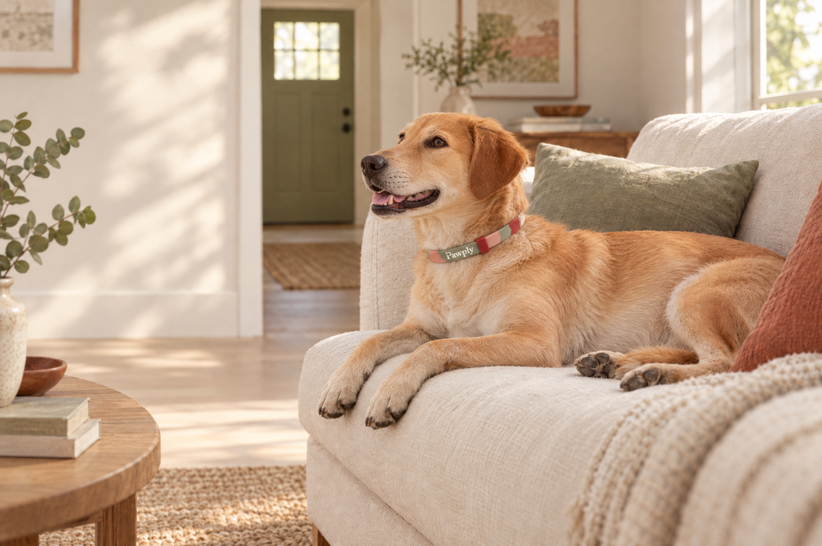 Happy, relaxed dog wearing the Pawply collar on the sofa at home