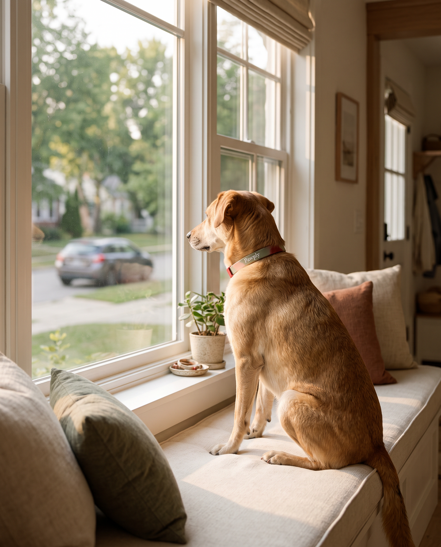 Dog sitting calmly at the window watching the car leave, wearing the Pawply collar