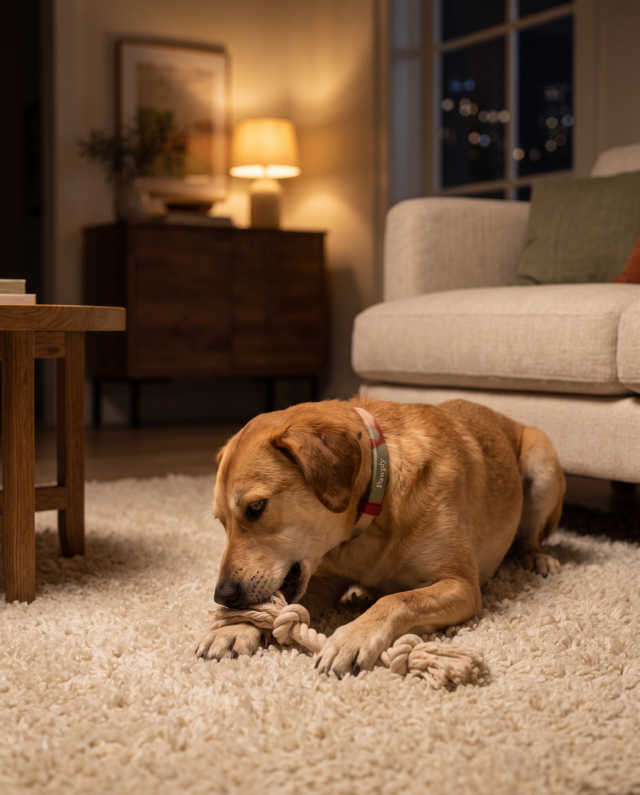 Dog chewing a rope toy on the rug in the evening, wearing the Pawply collar
