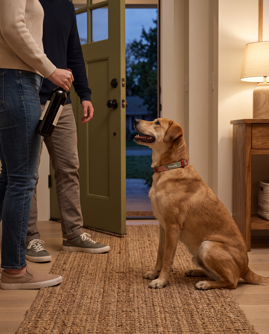 Dog sitting calmly as guests arrive, wearing the Pawply collar
