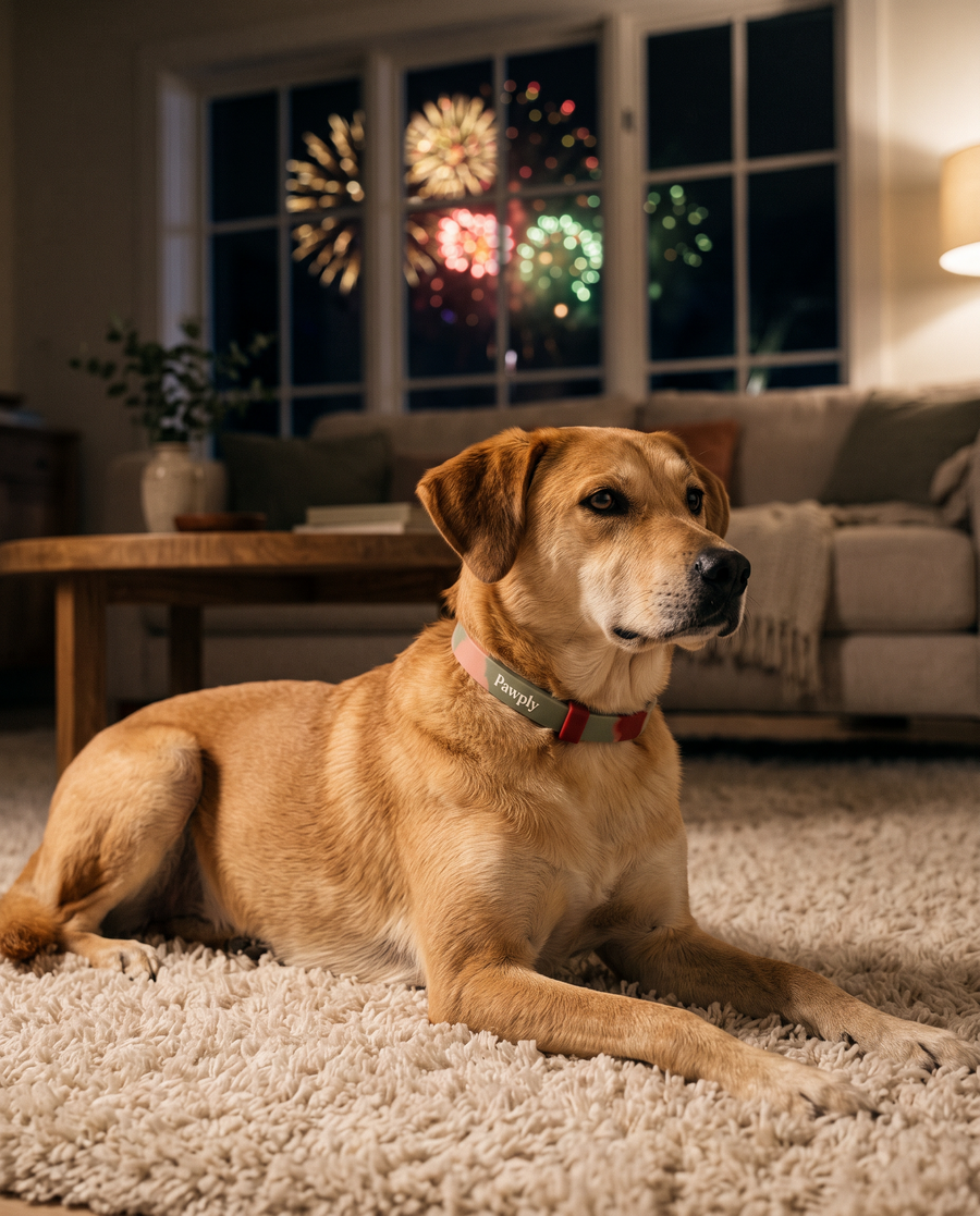Dog lying calmly while fireworks go off outside, wearing the Pawply collar