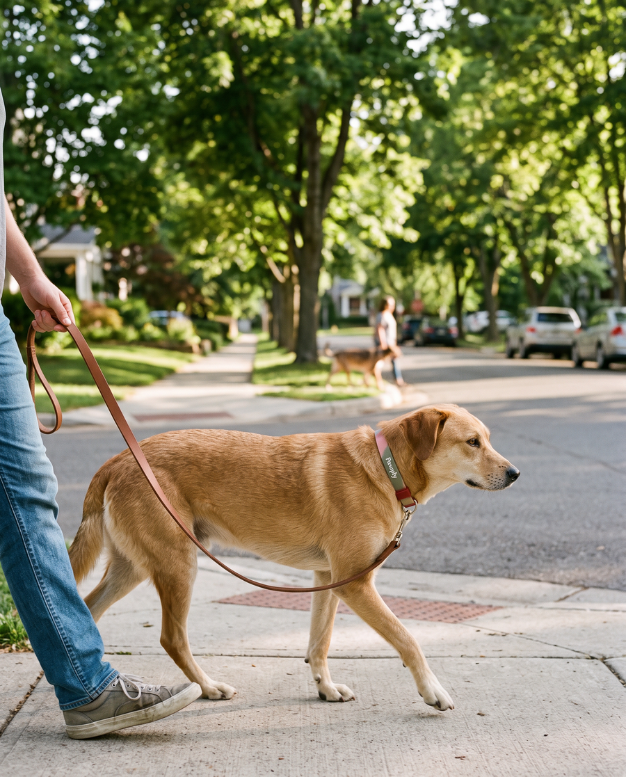 Dog walking calmly on a loose lead past another dog, wearing the Pawply collar