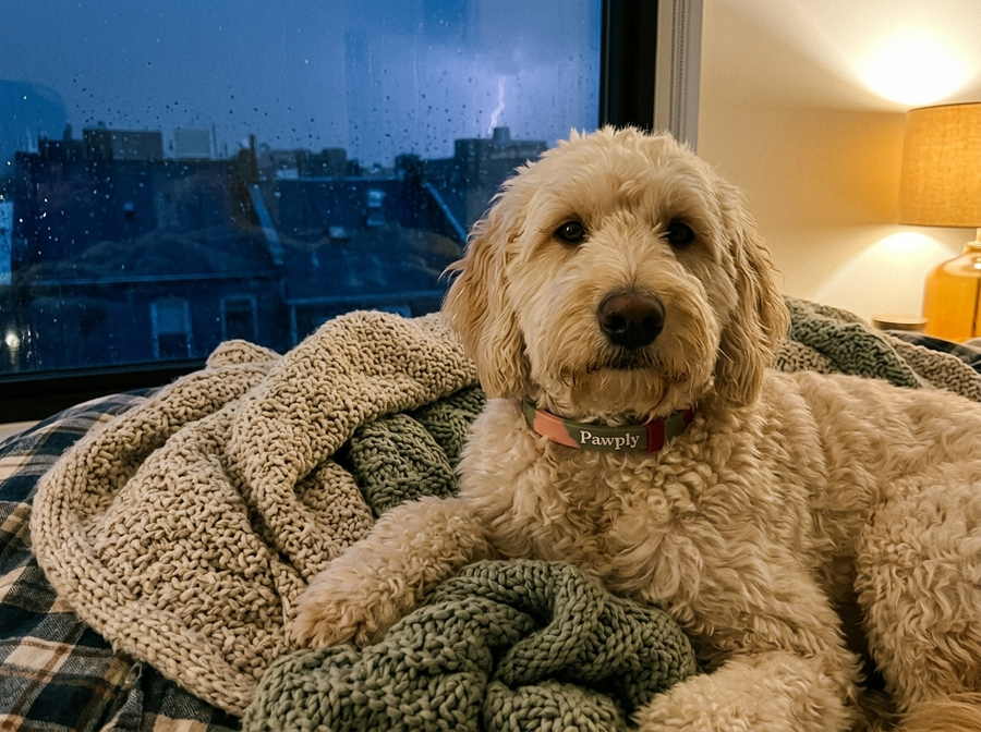 Goldendoodle calm in a blanket nest while a storm passes outside