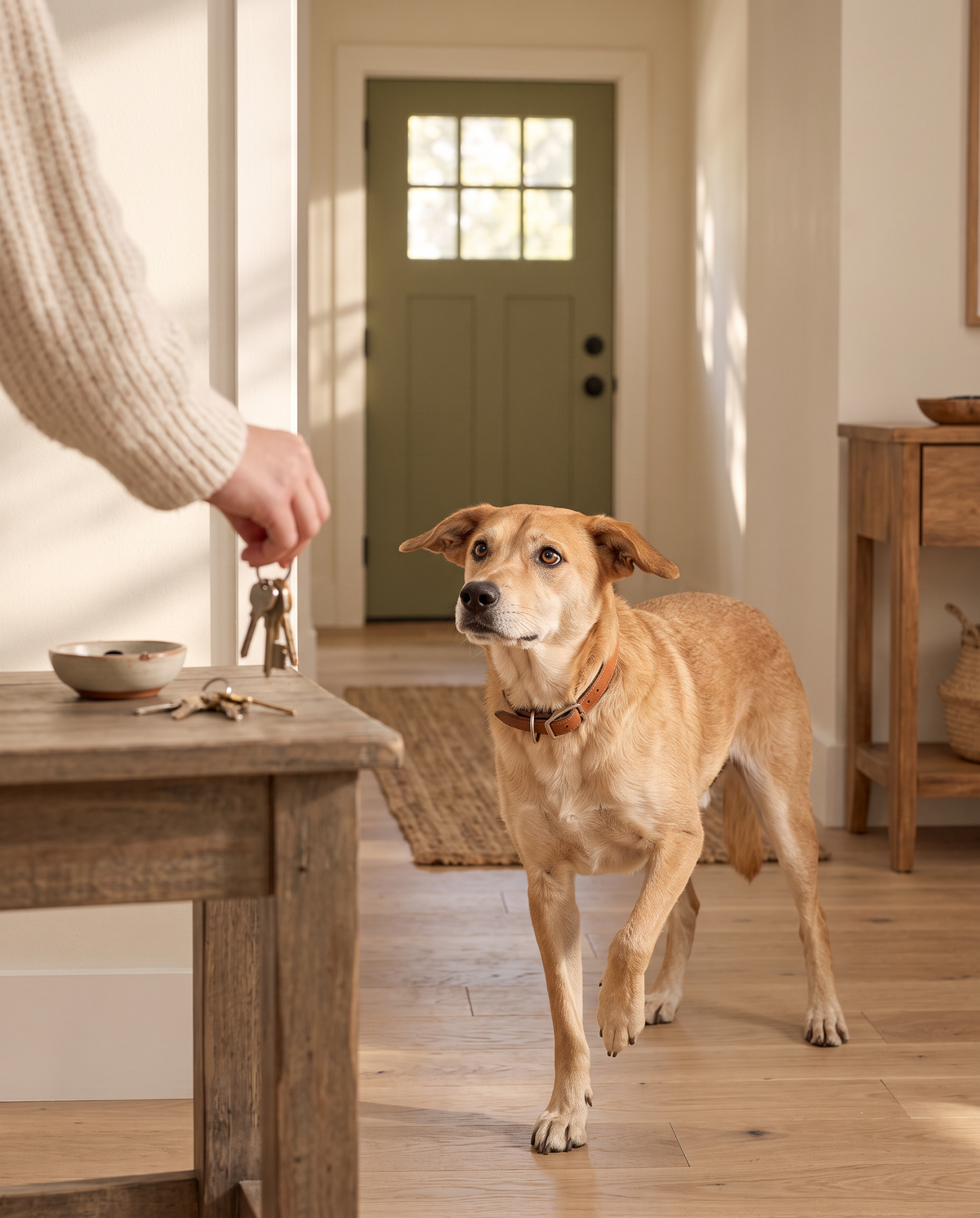 A worried dog with ears back watching its owner pick up the house keys